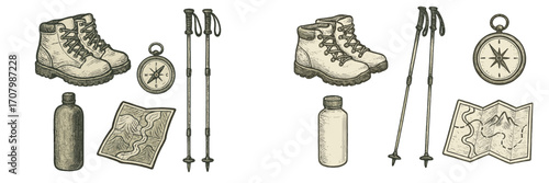 Hiking and trekking equipment set with boots, compass, poles, water bottle, and map for outdoor adventure
