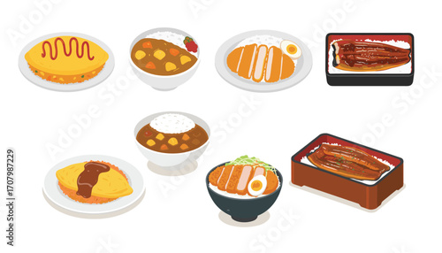 Culinary Variety: A meticulously crafted illustration showcases a delightful array of appetizing Asian culinary creations.