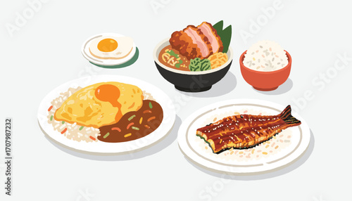 Culinary Delights: An appetizing illustration featuring an artful arrangement of Japanese-inspired food and a sunny-side-up egg on the top left.