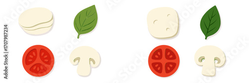 Fresh pizza ingredients set with dough, basil, mozzarella, tomato, and mushroom slices in a modern paper cut style
