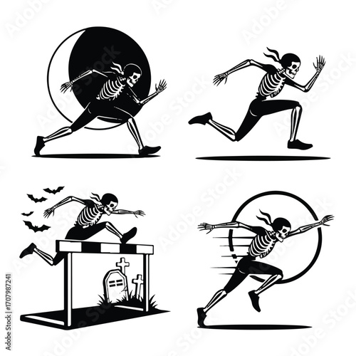 Create a detailed description, between 6 and 180 characters, without keyword lists.     *   "Four black and white illustrations of running skeletons engaged ...