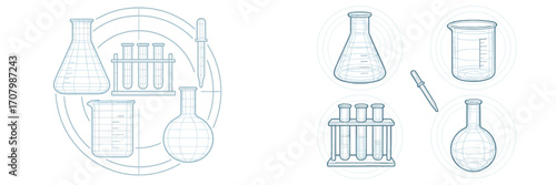 Scientific laboratory glassware and equipment set with flasks, beakers, test tubes, and dropper in blueprint style