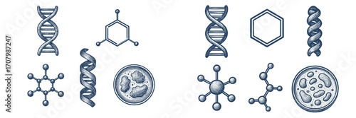 Detailed scientific research elements including DNA strands, complex molecular structures, and petri dish organisms
