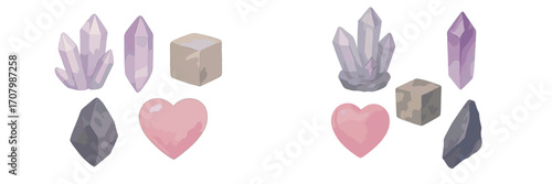 Assortment of natural healing crystals, rough stones, and a gentle pink heart in a soft watercolor style
