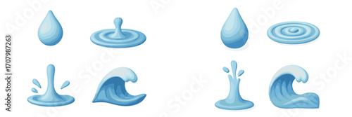 Collection of blue water elements featuring drops, ripples, splashes, and ocean waves on white background
