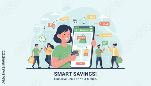 Smart Savings on Mobile: A dynamic illustration depicts a young woman engaging with a smart phone. Showcasing exclusive deals, shopping concepts, and the joy of saving in modern digital lifestyle. 