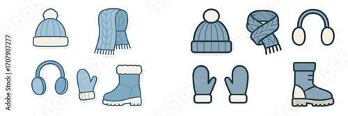 Assortment of cozy winter clothing items and accessories including knitted hats scarves mittens earmuffs and boots for cold weather