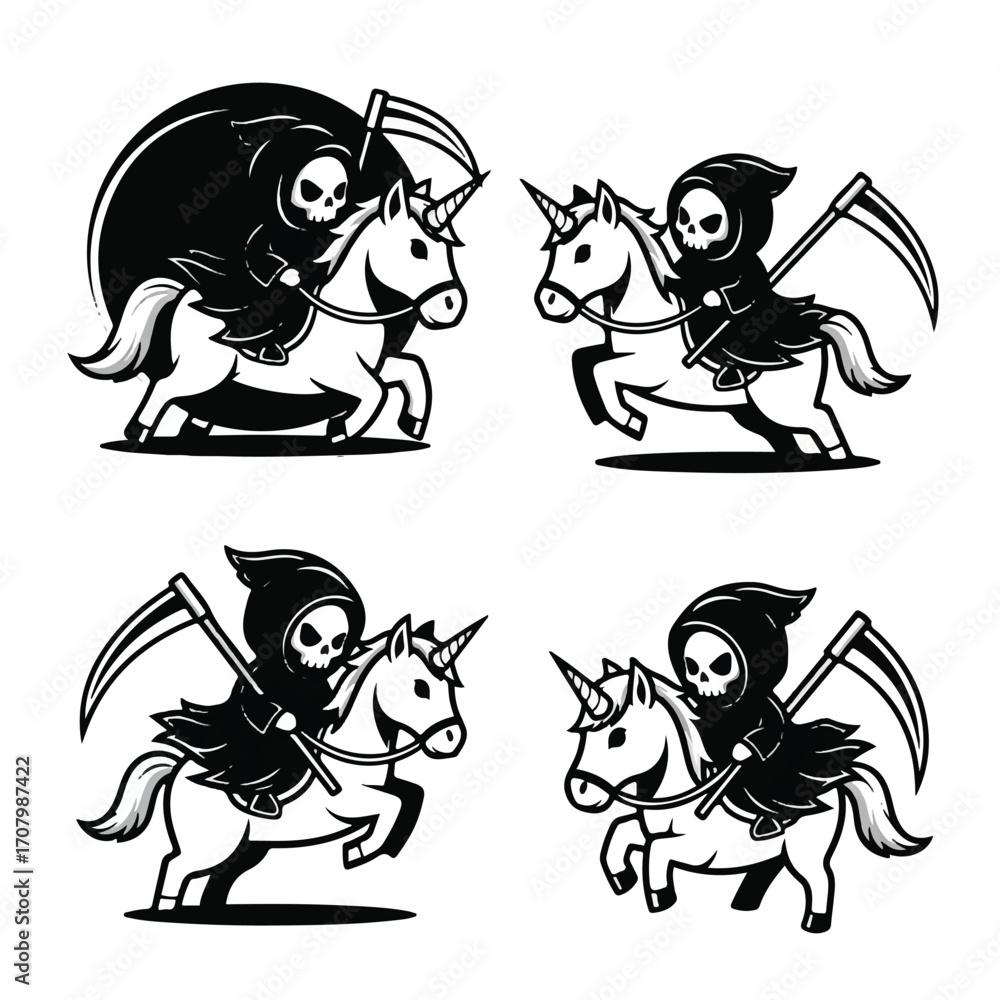 Obraz premium Four stylized illustrations of the Grim Reaper riding a unicorn, each with a slightly different pose and background.