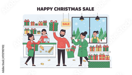 Christmas Cheer and Shopping Spree: A festive illustration captures a lively Christmas sale in a store. Shoppers, surrounded by gift boxes, interact joyfully with helpful staff.