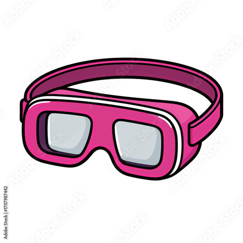 A futuristic and graphic cartoon vector illustration of pink virtual reality or 3D glasses, representing technology, gaming, and entertainment experiences.