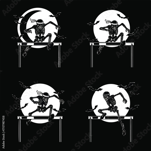 Four panels showing a skeleton athlete with a headband hurdling under a moonlit sky with bats flying, in a black and white graphic style.