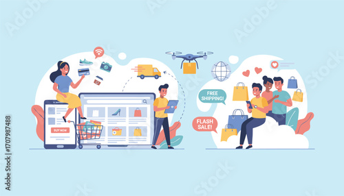 Online Shopping and Delivery: A vibrant digital illustration showcases the convenience of online shopping, featuring people interacting with their devices, shopping carts.