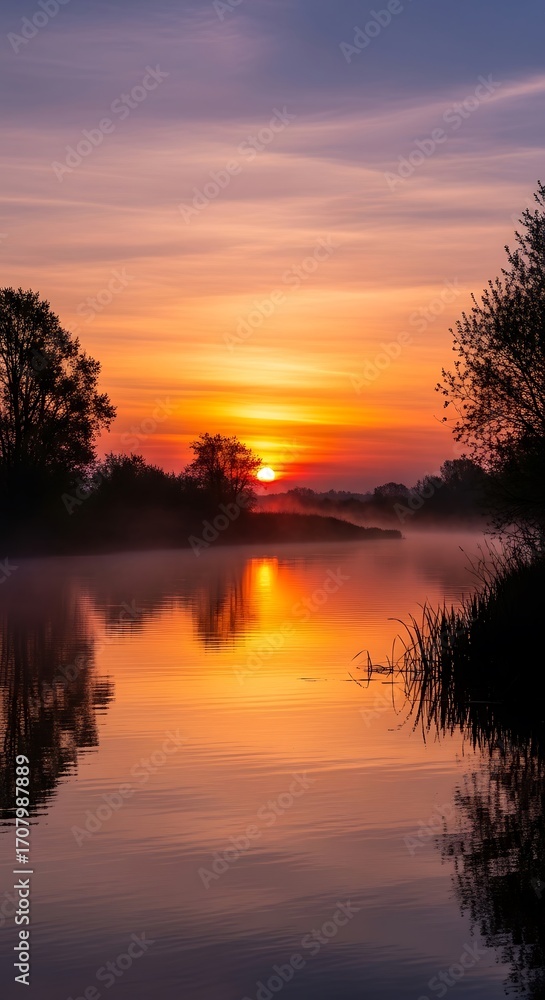 Fototapeta premium Sunrise over Calm Water and Trees.