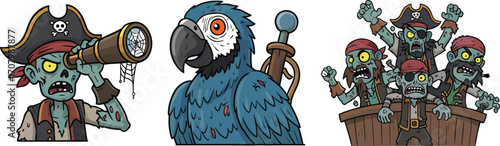 Zombie pirate with telescope, blue parrot carrying sword, group of angry zombie pirates on ship, spooky undead pirate adventure