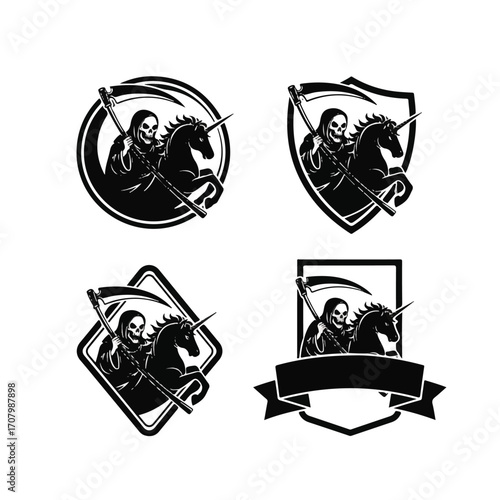 Four variations of a grim reaper riding a unicorn graphic design, featuring different shapes and styles.