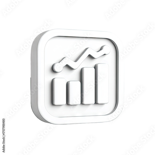 White square icon with 3D effect, showing bar graph and upward trend line