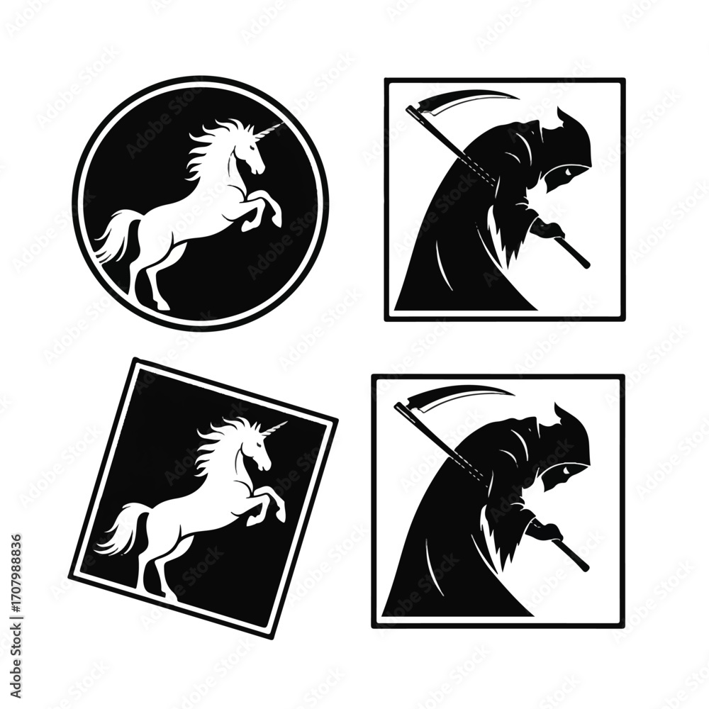 Fototapeta premium Black and white silhouettes of a unicorn and the grim reaper, arranged in a grid pattern.
