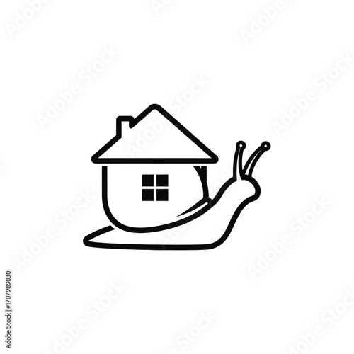 Clean and simple vector illustration depicting a snail with a house on its back, embodying ideas of a portable home