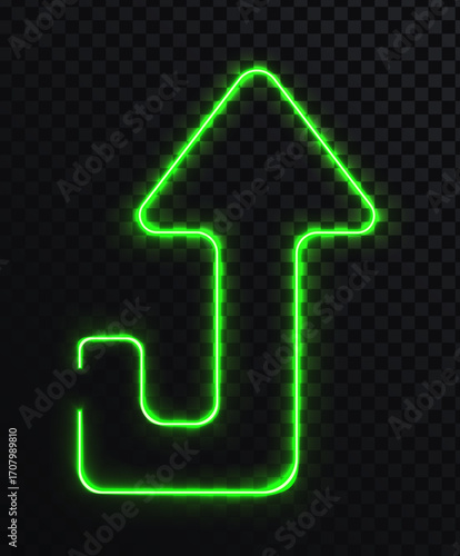 Vector illustration. Neon green glowing arrow navigation isolated on dark background.