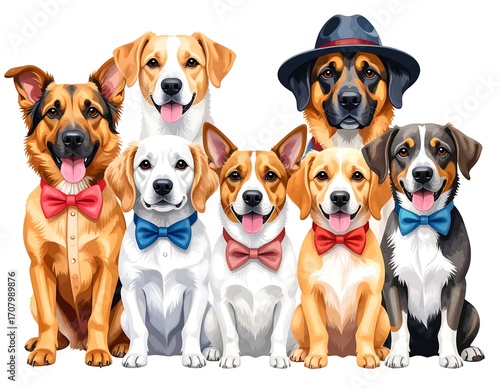 Dogs in bow ties, diverse breeds