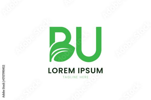 Modern green bu logo with leaf element minimalist design for nature brands