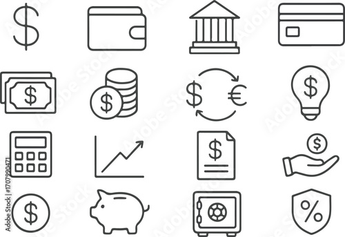 Finance line icon set. Vector pictograms of money, wallet, banking tools, currency symbols, investment chart, financial services, piggy bank, dollar thin linear illustration