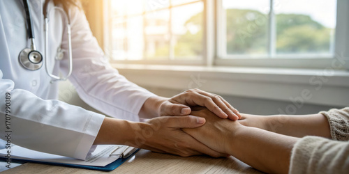 Doctor hand holding patient hand showing care and support in medical consultation