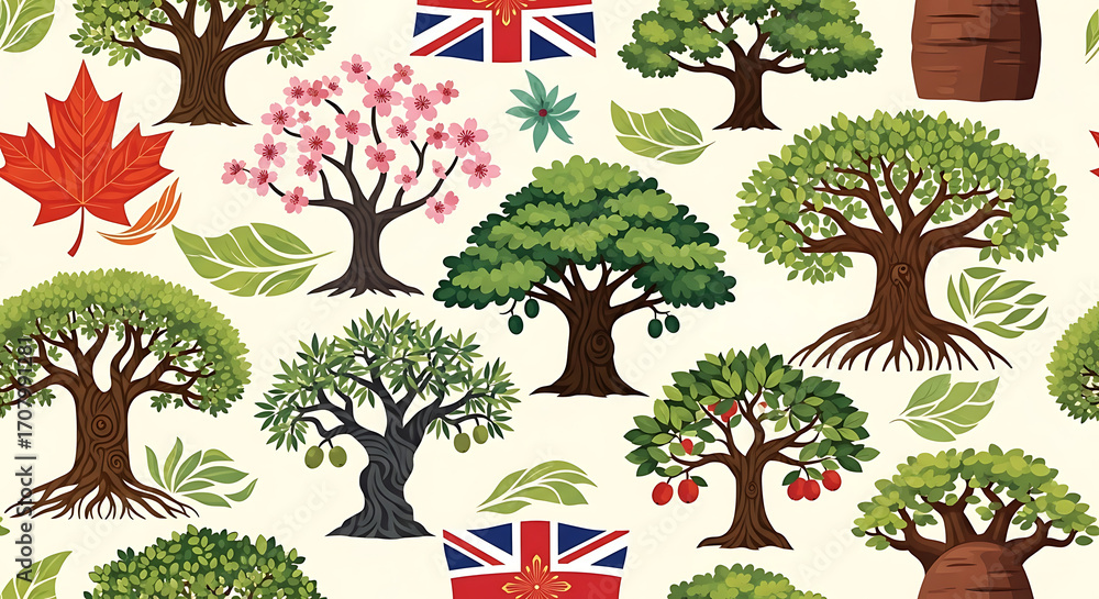 Seamless pattern of diverse trees and national flags, vector illustration