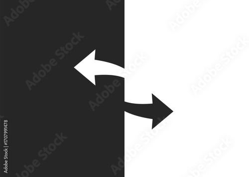 Two arrows in black and white represent opposite directions, illustrating a choice. Flat design with space for comparison. vector illustration