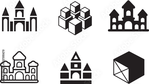 Compilation of Black and White Building Block Icons Representing Construction and Creativity for Designs