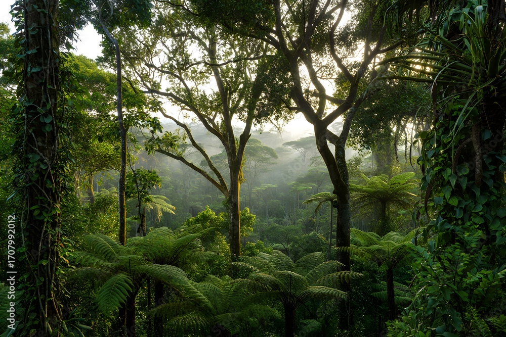 Fototapeta premium Sunlight streams through the lush green leaves of a tropical rainforest, illuminating a serene view of palm trees and other plants