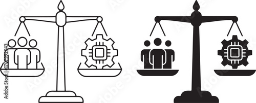 Scales Balancing People and AI Technology Icon Representing Ethics, Fairness, and Human-Machine Collaboration