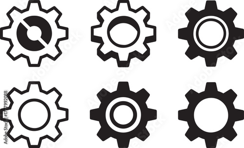 Detailed Gear Icon Set Black and White Engineering Cogwheel Collection on Transparent Background