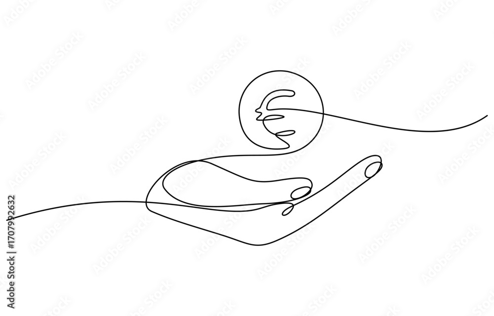 Obraz premium Continuous one line drawing of Hand holding euro coin vector illustration. Editable outline
