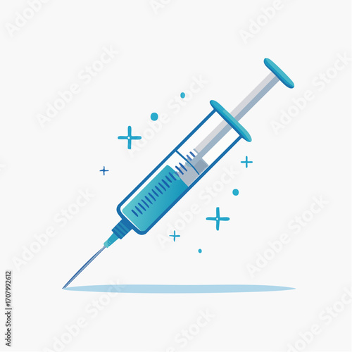 Illustrated representation of a medical syringe containing a blue fluid and tiny sparkles