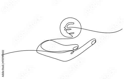 Continuous one line drawing of Hand holding euro coin vector illustration. Editable outline