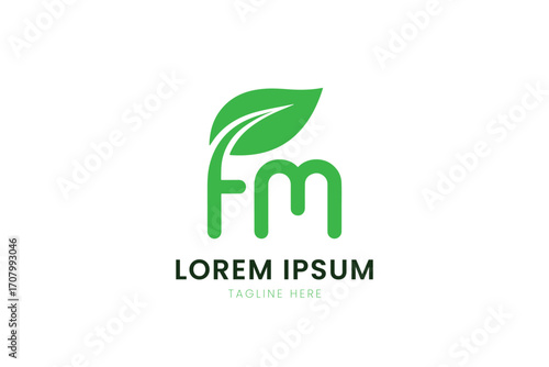 Minimalist green fm logo with leaf design perfect for eco-friendly brands