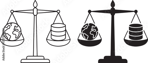 Scales Balancing Earth and Database Icon Representing Technology, Data Ethics, and Global Responsibility