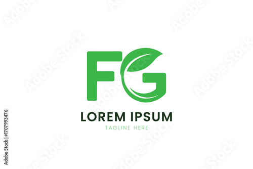 Minimalist green fg logo design with leaf element for organic brands
