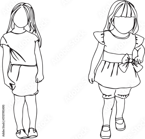 Girl Standing Pose Line Sketch – Young Female Child Drawing, Minimal Kids Outfit Casual Lineart, Toddler Standing Figure Outline Pose, Hand Drawn Child Illustration Line, Little Girl Contour Minimal S