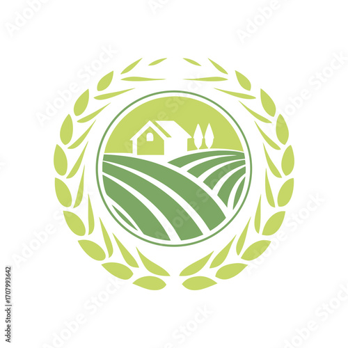 Organic Farm Logo with Fields, House, and Laurel Wreath