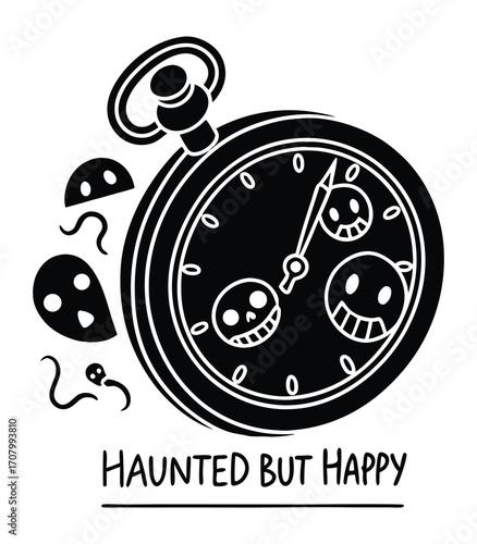 Broken Pocket Watch With Tiny Grinning Skulls Illustration