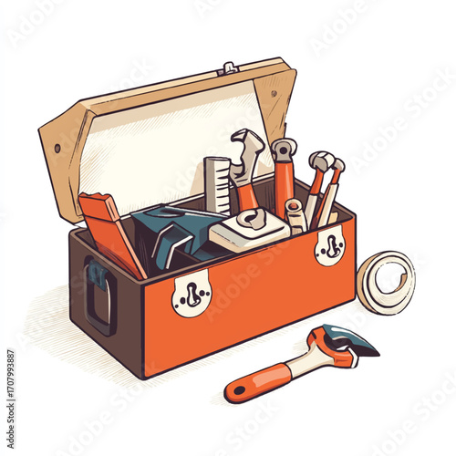  An open toolbox filled with various tools and a can opener
