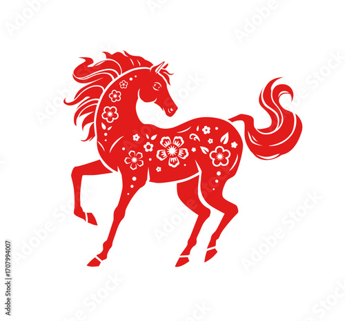 Red Horse with Chinese floral paper-cut pattern. Traditional style vector Zodiac symbol isolated on white. Illustration for Chinese New Year