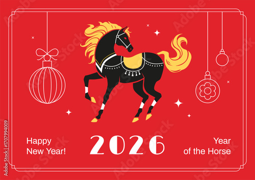 2026 New Year greeting card design in modern style. Black horse with beautiful decorative saddle and bridle, surrounded by Christmas baubles on bright red background. Vector illustration