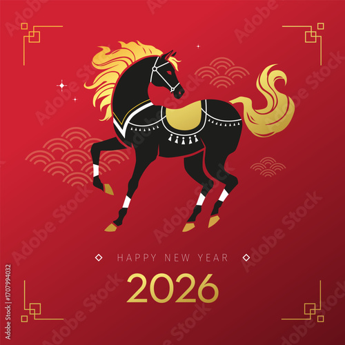 Year of the Horse 2026 greeting card. Stylized stallion illustration with decorative saddle and bridle on red background. Chinese horoscope Zodiac sign art