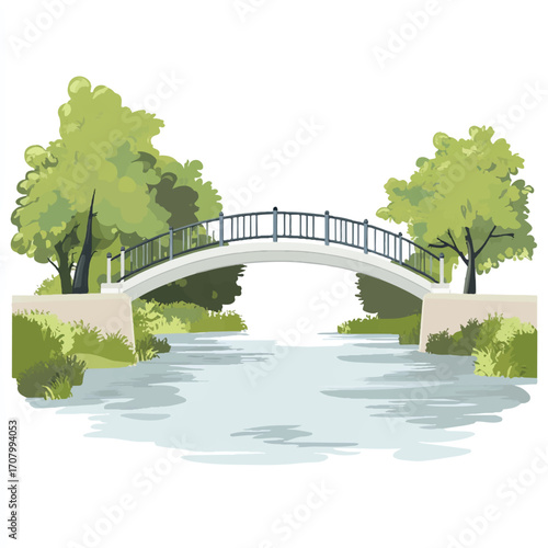Arched bridge over water with lush green trees