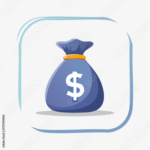 Illustration of a blue money bag with a dollar symbol inside a rounded square frame