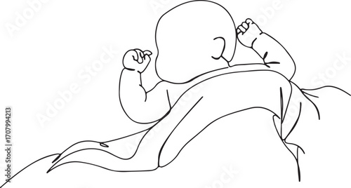 Baby Lying Pose Line Drawing – Toddler Child Sketch Minimal, Infant Relaxing Body Outline, Cute Child Sleeping Figure Sketch, Child Contour Simple Drawing, Baby Resting Position Silhouette, Minimalist