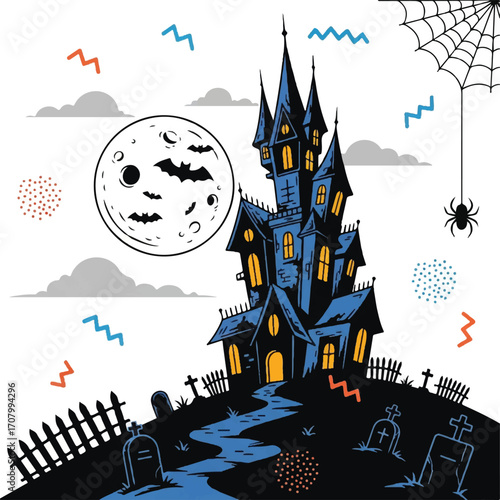 A spooky haunted house on a hill under a full moon with bats, a spiderweb, and a graveyard, in a cartoon style for Halloween.